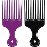 SIMPOR 2 Pcs Hair Pick Comb Wide Tooth Lift for Hair Styling Detangling, Plastic Afro Pick for Women Men, Fist Picks for Curly and Afro Hair (Purple, Black)