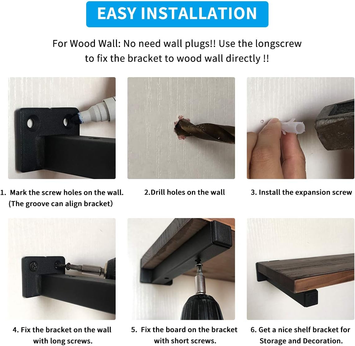 Classic Shelf Bracket 6 inch Anti-Rust Solid Matte Black Well-Made Hidden Shelf Brackets Wrought Iron Style Wall Mental Brace for DIY (6-Pack Hardware Only): Home Improvement