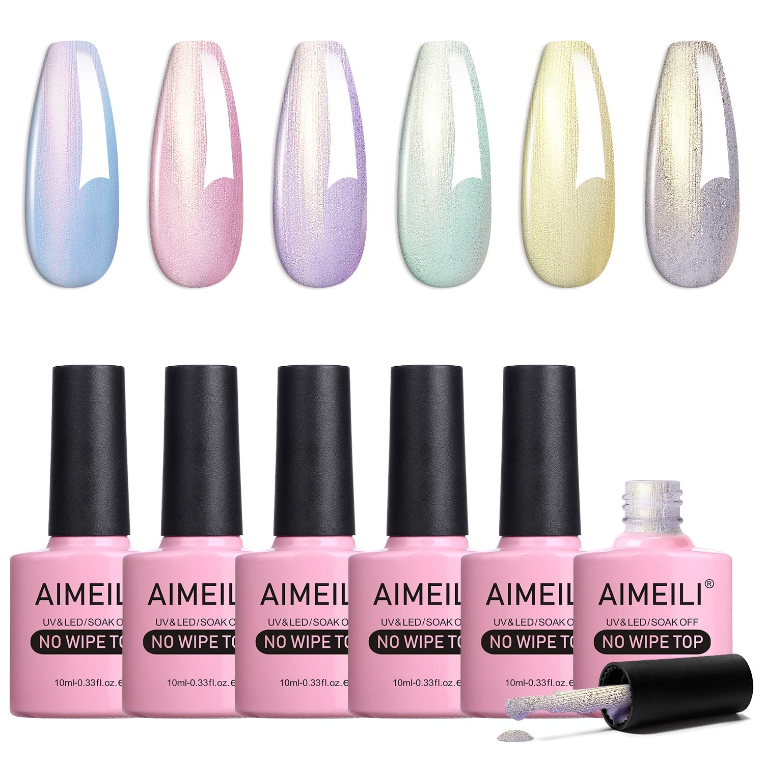 AIMEILI Glitter Top Coat Gel Polish Set, Micro Aurora Glitter Gel Polish Clear Gel Top Coat No Wipe UV LED, Rainbow Shimmer Nail Art Top Gel, High Gloss Shiny Finish, 6pcs X 10ml - Kit 76