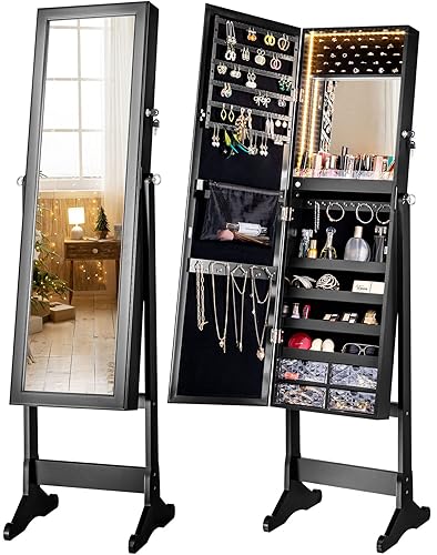 LUXFURNI LED Mirror Jewelry Cabinet Armoire, Freestanding Jewelry