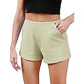 Homma Mid-Rise Casual Shorts for Women with Pockets 2024 Summer Trendy Shorts Elastic Waist Ribbed Shorts
