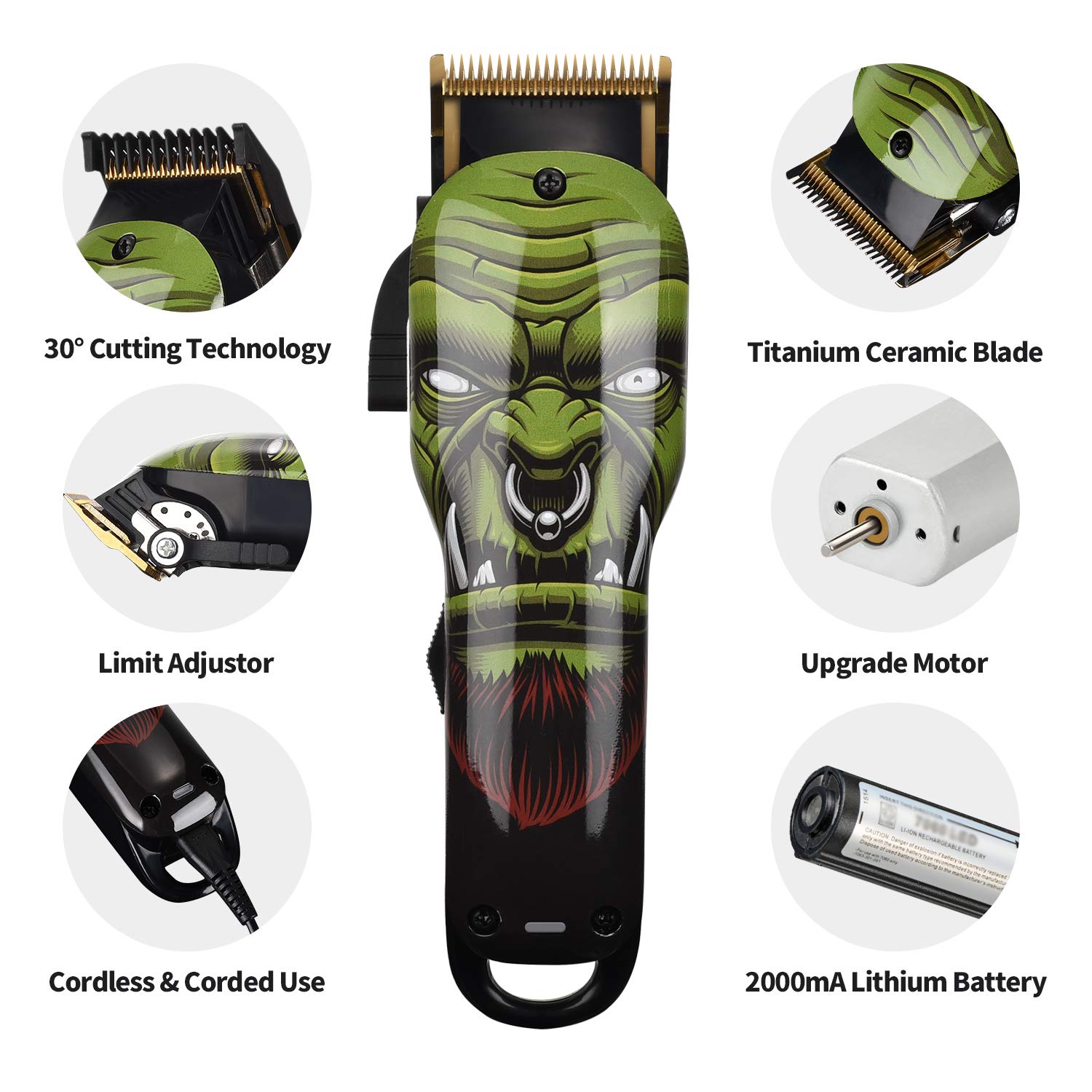 Professional Cordless Rechargeable Hair Clippers for Men Built-in 2000mAh Lithium Ion Professional Barber Supplies Hair Trimmer Hair Cutting Machine (hair trimmer)