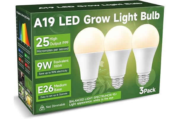 FUJIECO A19 Full Spectrum Grow Light Bulbs, 9W LED 100W Equivalent, 4000K Natural White, Indoor Plant Light for Seeds, Flower