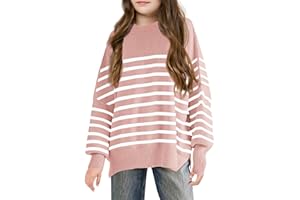BATERMOON Girls Striped Oversized Sweaters Fashion Batwing Sleeve Side Slit Knit Pullover Clothes 5-14 Years