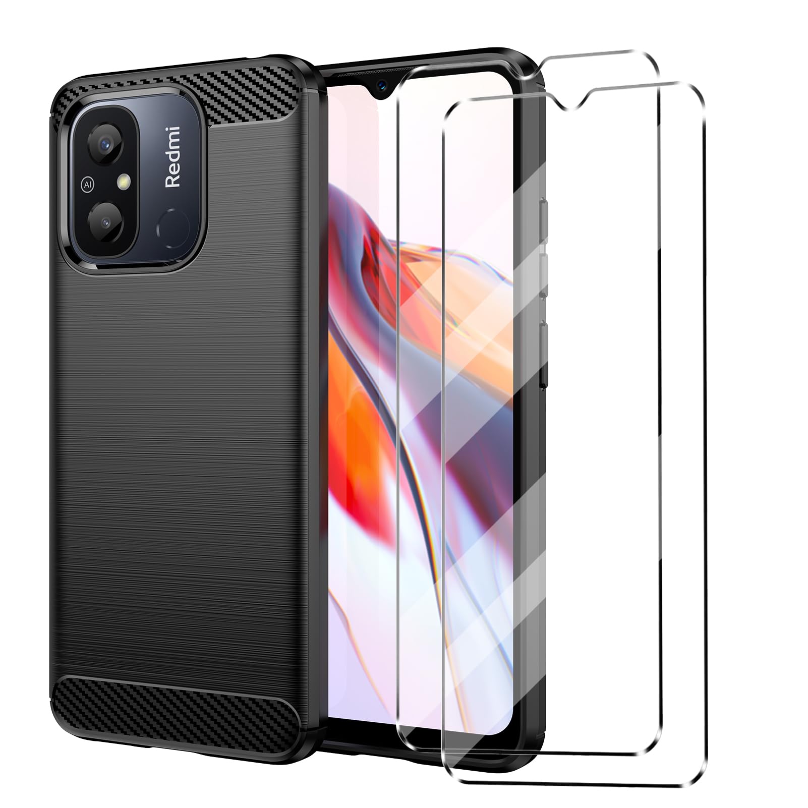[3 in 1] Case Compatible with Redmi 12C Cover with 2 Pack Tempered Glass Screen Protector for Redmi 12C, Slim Fit Soft TPU Shockproof Anti-Scratch Phone Case Cover - Black