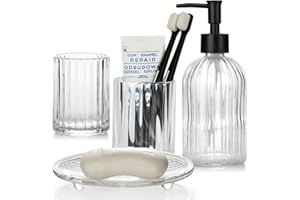 Topsky Glass Bathroom Accessories Set of 4,Clear Vertical Stripe Design with 400ml Liquid Hand Soap Dispenser,Toothbrush Hold