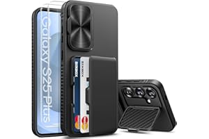 SIXBOX for Samsung Galaxy S25+ Plus Case with Card Holder, Built-in Stand & [2 Pack] Screen Protector & Camera Cover, Rugged Protective Wallet Kickstand Phone Cover Case for S25+ Plus 6.7" 2025, Black