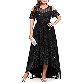 ZOMVA Plus Size Sparkly Mesh Maxi Dress Cold Shoulder Ruffle Sleeve High Low A Line Dresses Wedding Guest Cocktail Party