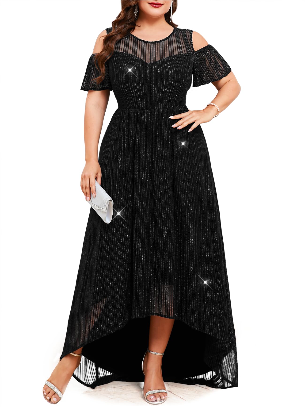 Photo 1 of ZOMVA Plus Size Sparkly Mesh Maxi Dress Cold Shoulder Ruffle Sleeve High Low A Line Dresses Wedding Guest Cocktail Party, Black, 0X