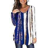 BeadChica Women's Casual Tunic Tops To Wear With Leggings Long Sleeve Floral Henley Blouses Botton Up Shirts-Print-L White Blue Stripe