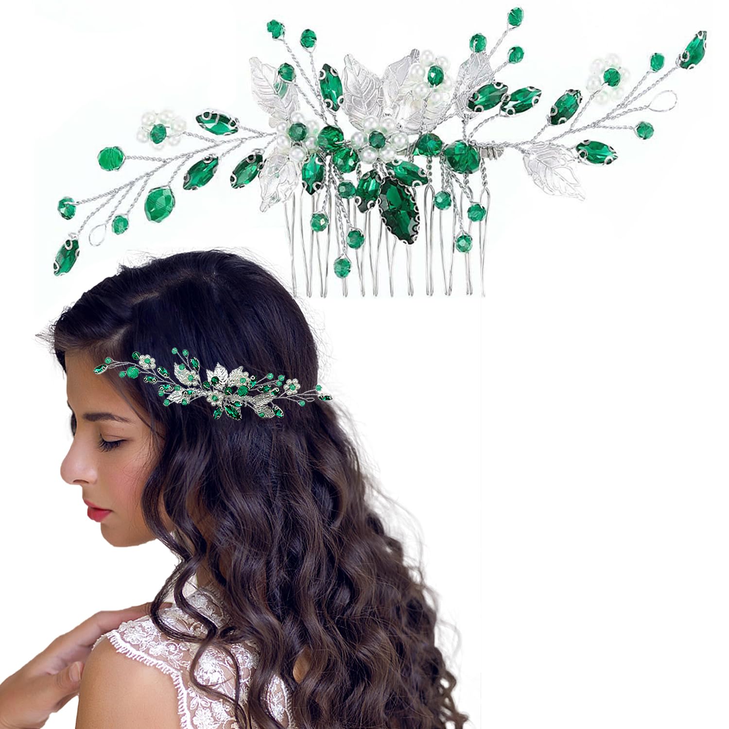 1 PCS Bridal Green Crystal Silver Leaves Hair Comb,Wedding Rhinestone Hair Side Comb Fashion Hair Clip Handmade Hair Accessories for Bride Wedding Prom Girl Headpieces