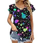 Glow in Dark Splatter Neon Women's Short Sleeve Shirt Tops Loose V-Neck Ruffle Tees Summer Beach Blouses