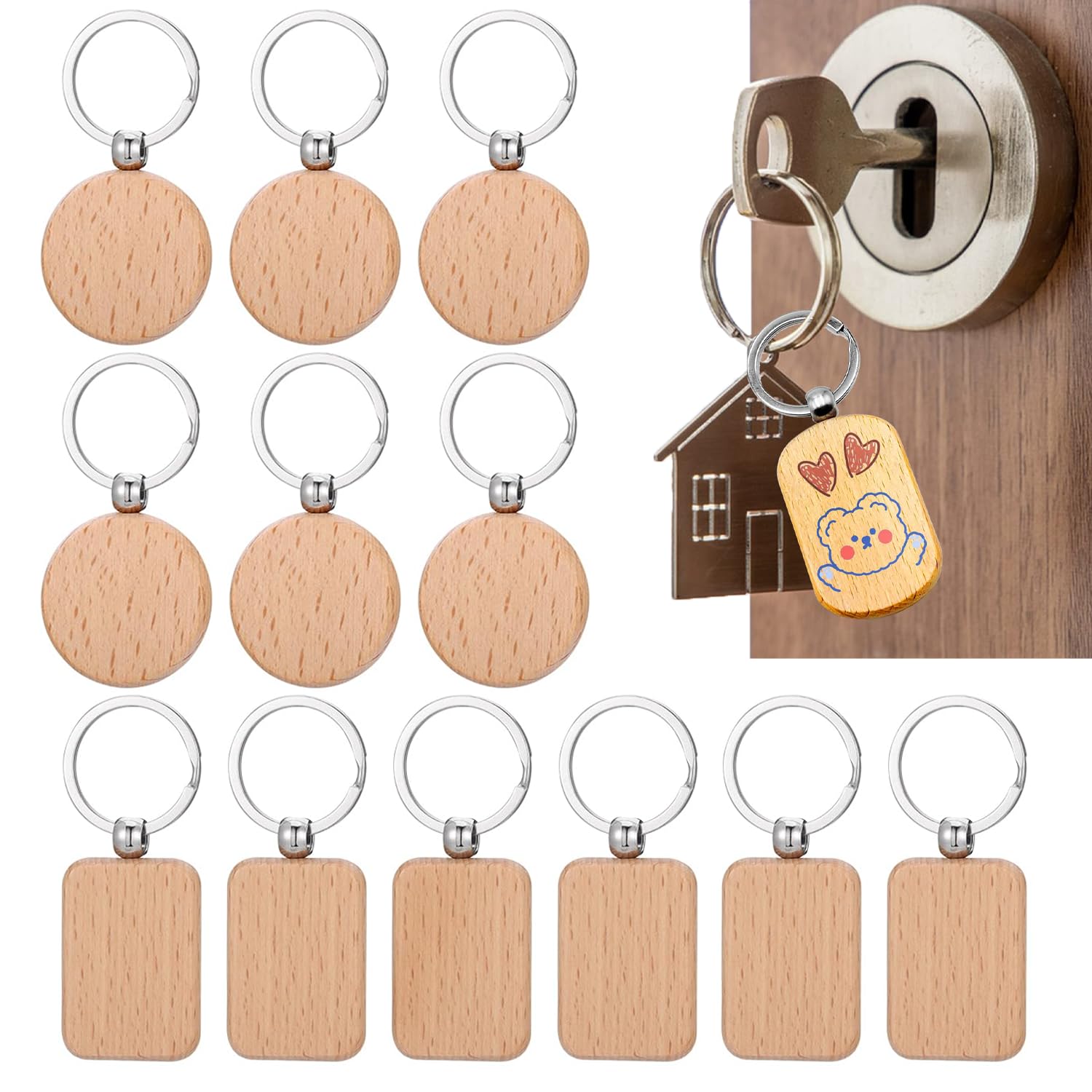 RXKFIGX 12 Pcs Wooden Keyrings DIY Personalized Wood Key Ring Blank Wooden Key Chain Round Blank Natural Wooden Keyring Wood Blank Keyrings with Split Ring for Gift DIY Crafts Decoration Pyrography