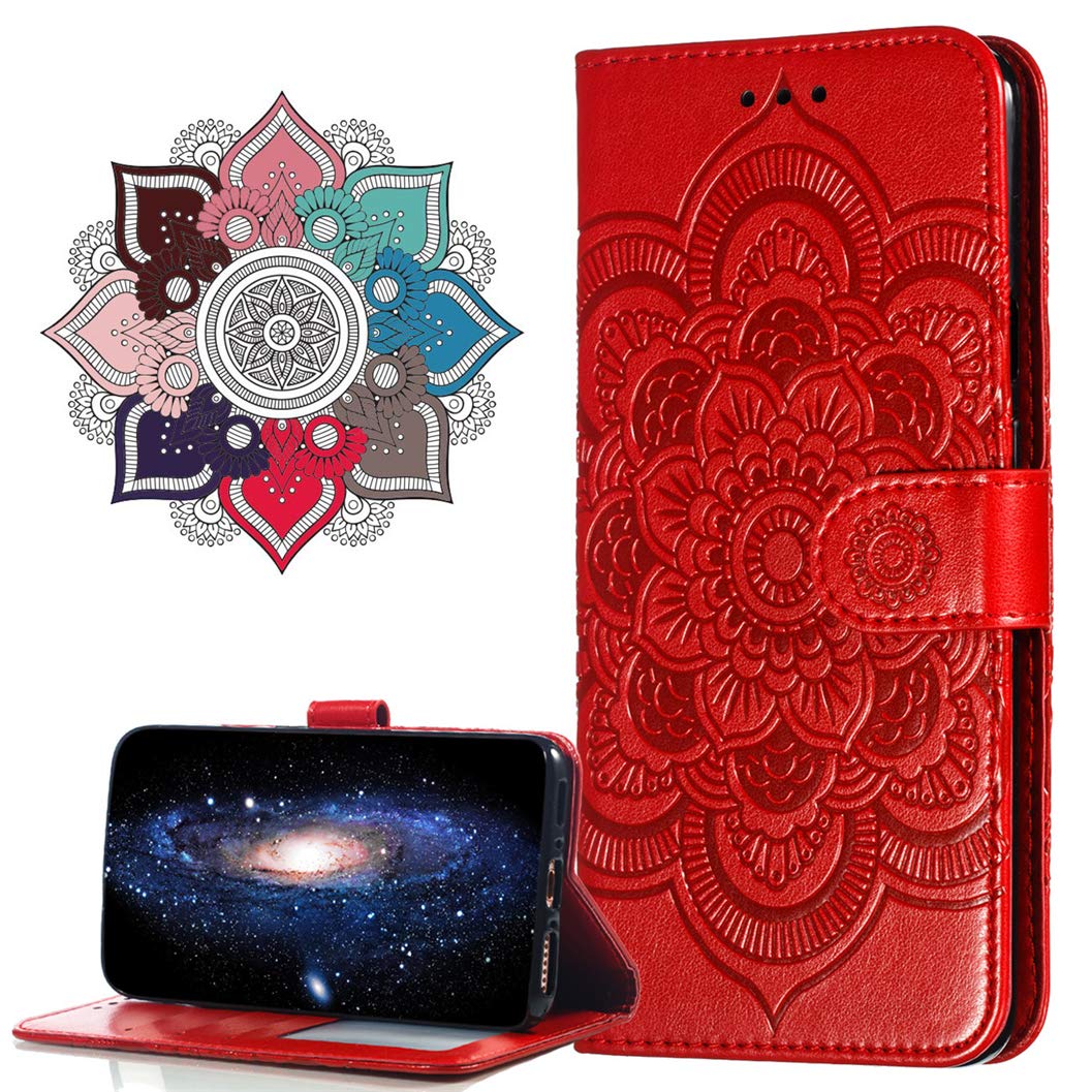 MRSTER Flip Case for Honor 8X PU Leather Wallet Closure Embossed Shockproof Cover with Kickstand Card Slots Holder for Huawei Honor 8X. LD Mandala Red