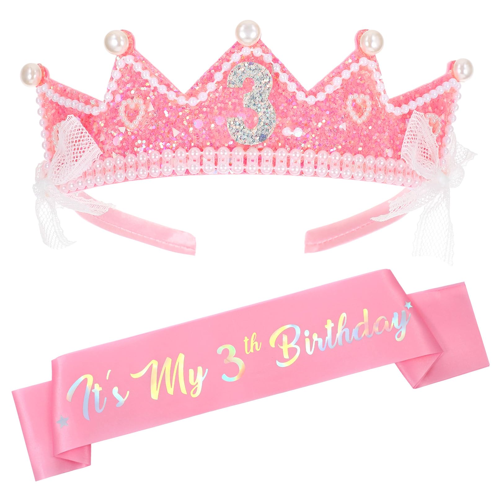 PEOVLVN Birthday Girl Sash and Crown, 3th Birthday Girl Headband Glitter Rhinestone Princess Party Decorations Gifts for 3 Year Old Girl Outfit Party Favors
