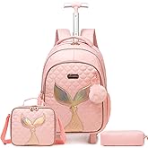 Egchescebo Kids Rolling Backpack for Girls Trolley Suitcases Luggage Travel with Wheels Bookbag Wheeled 17" 3PCS Roller Backpacks Toddler Back Pack School Bags Set for Elementary Mermaids Pink