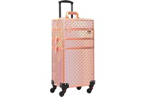 Somduy Rolling Makeup Case 3 in 1,Professional Makeup Train Case organizers,Large Storage Cosmetic case Trolley,Makeup Travel Case for Salon Barber Rose Gold,Pink