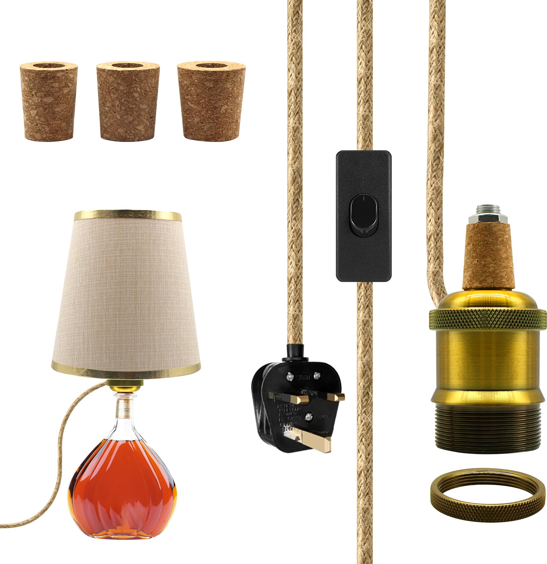 Lamp Kits Do it Yourself, Brass Bottle Lamp Kits, Gold Bottle Lamp Adaptor Kit with 240cm Plug in Cord, E27 Wine Bottle Table Lamp Holder,Ceramic Lamp Socket, DIY Lampshade, 3 Sizes of Stoppers In