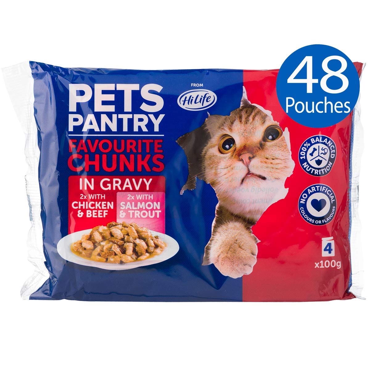 HiLife Pets Pantry - Complete Wet Cat Food - Favourite Chunks in Gravy with Chicken, Beef, Salmon, Trout, 48 Pouches x 100g