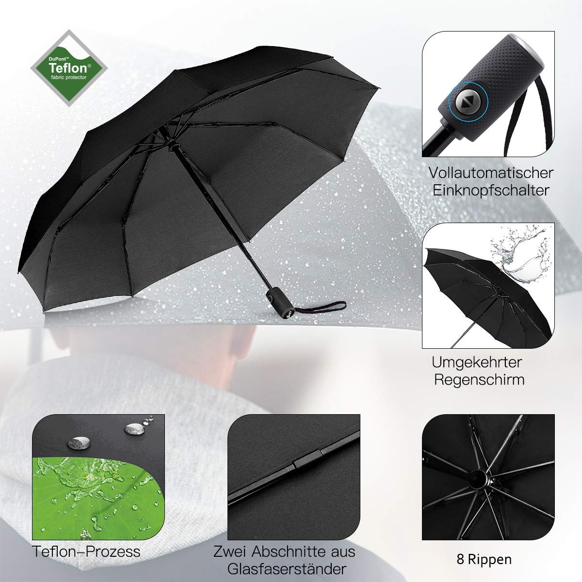 Ombrello Tascabile Audi - Nero, Automatico, Con Logo Riflettente E Fodera - Foto 11