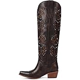 Easyfox Cowboy Boots for Women Rhinestone Butterfly Embroidered Cowgirl Boots Chunky Heel Slip On Knee High Western Boots