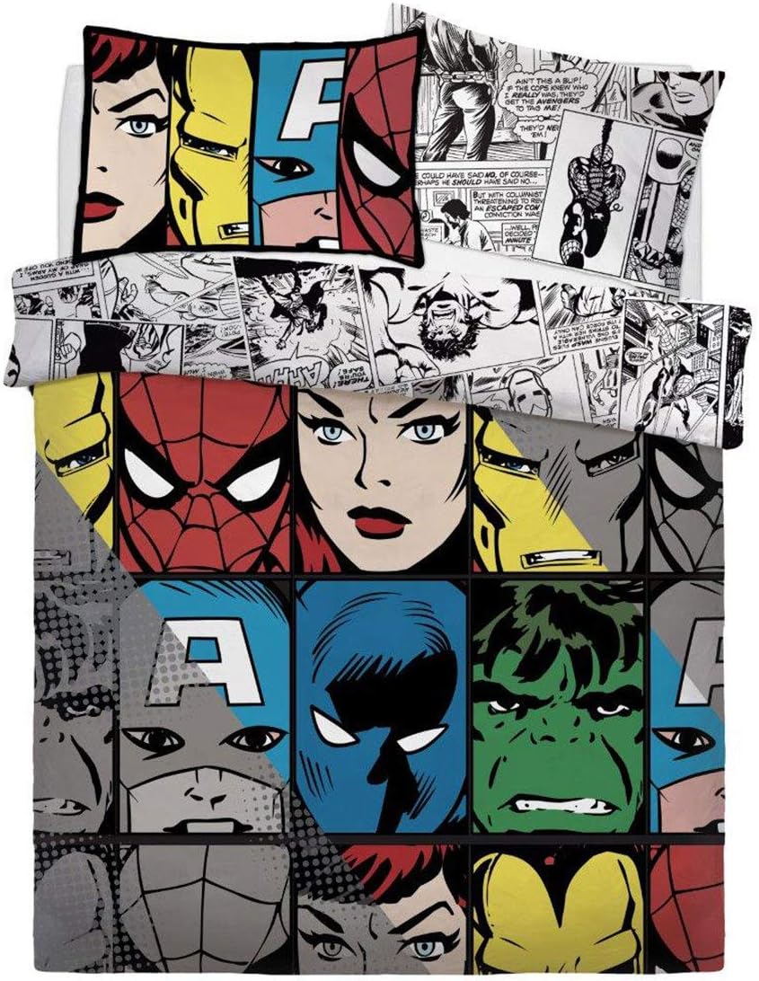 FAIRWAUK Disney Character Bedding - Microfibre Marvel Tones Duvet Cover with Pillow Case Set | Super Heros | Reversible | Easy Care | Boys | Double Bed Size | 200 x 200 cm