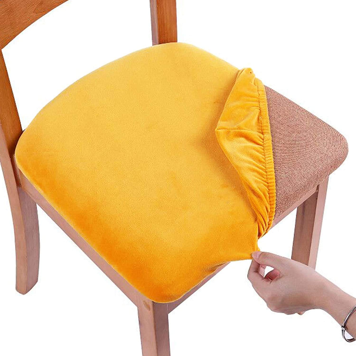 smiry Stretch Chair Seat Covers for Dining Room, Velvet Dining Chair Seat Protectors Chair Slipcovers, Set of 4, Mustard Yellow