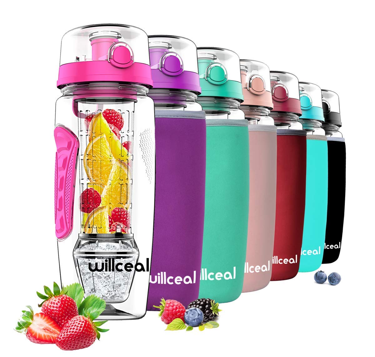 willceal Fruit Infuser Water Bottle 32oz Durable with Detachable Ice Gel Ball,Large - BPA Free Tritan, Flip Lid, Leak Proof Design - Sports, Camping (Pink)