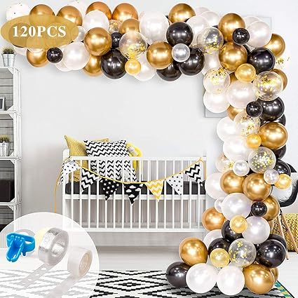 Amazon Com Balloon Garland 120pcs Black White Gold Long Diy
