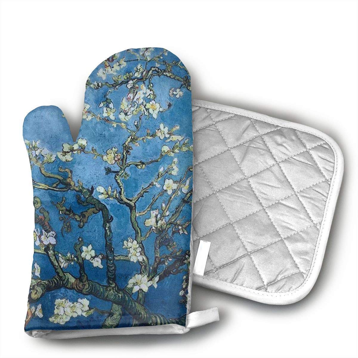 NoveltyGloves Almond Blossoms by Vincent Van Gogh Oven Mitts,Professional Heat Resistant Microwave BBQ Oven Insulation Thickening Cotton Gloves Baking Pot Mitts Soft Inner Lining Kitchen Cooking
