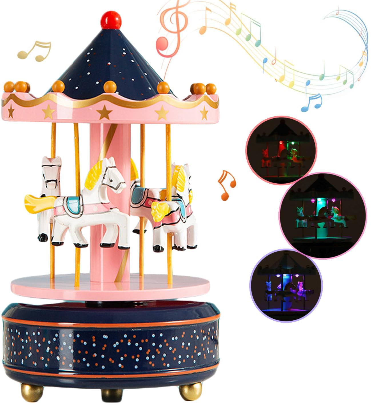 AIDIER Luminous Musical Carousel Horse Music Box with LED lights Wind up 4-Horse Rotating Musical Figurine Vintage Dream Merry-Go-Round Gifts Xmas Carousel Ornament Decoration