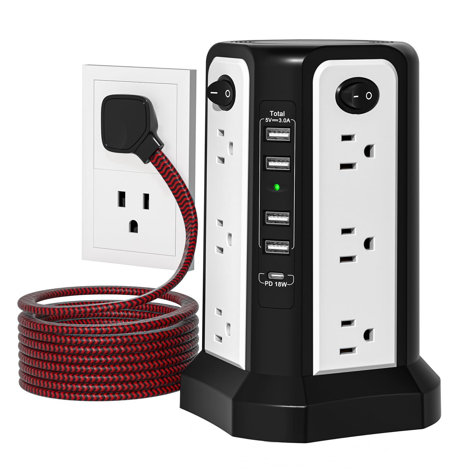 10FT Extension Cord with Multiple Outlets Flat Plug Braided Cord, PASSUS Surge Protector Power Strip with USB C(PD18W) Port,Tower Outlets with USB Ports,Overload Protection for Home Office DormRoom