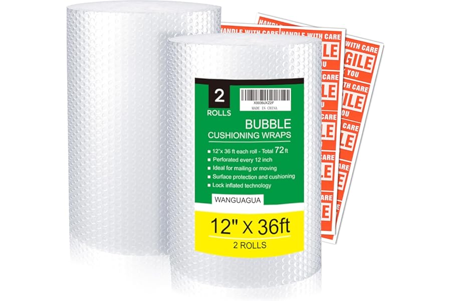 wanguagua 2 Pack 12 Inch x 72 ft Total Bubble Packing Wrap for Moving Boxes Shipping Cushioning Supplies Perforated Every 12”