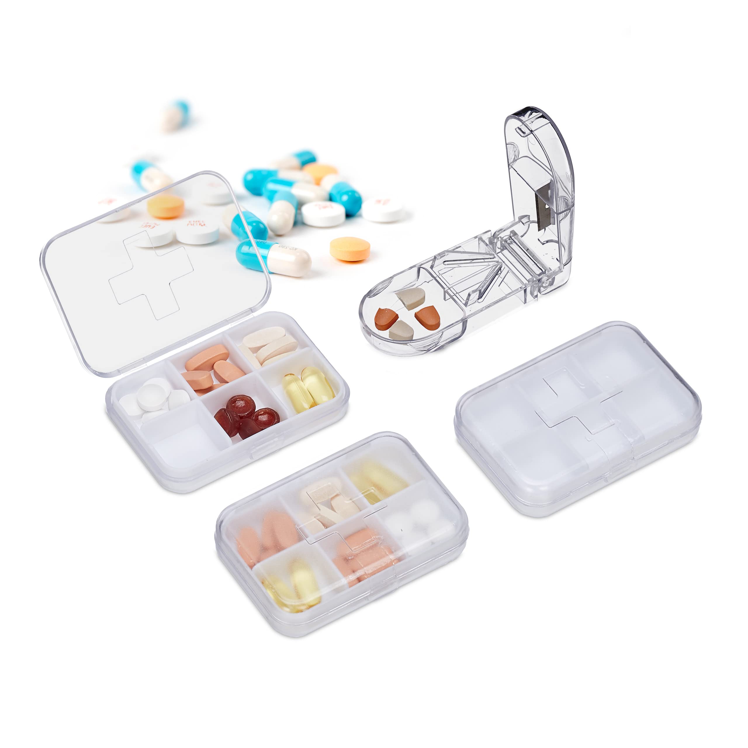 Set of 3 Relaxdays Pill Dispenser, 6 Compartments, Med Cutter, Compact, Portable, Plastic Travel Case, White