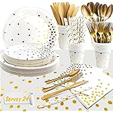 193 Pcs Gold Party Supplies Set Serves 24, Dot on White Paper Plates Napkins Cups White and Gold Tableware for Wedding Bridal Shower Baby Birthday Holiday Parties