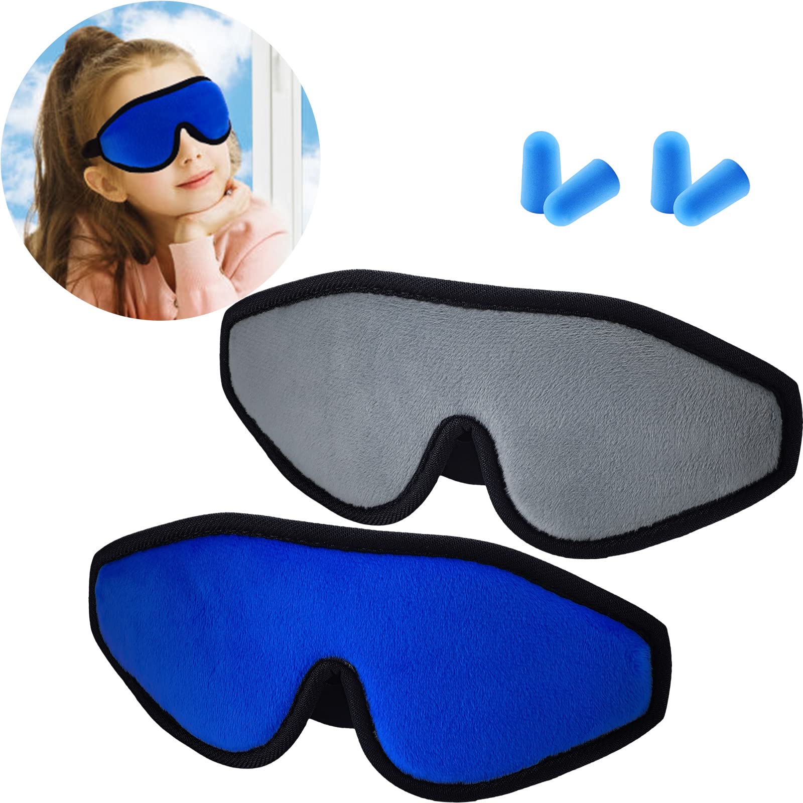 Photo 1 of 2 Pieces 3D Sleep Mask for Kids Memory Foam Contoured Eye Mask, Travel Sleep Eye Cover with Adjustable Strap, 3D Blindfolds(Blue and Gray)