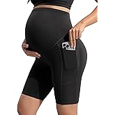 POSHDIVAH Women's Creamluxe Maternity Biker Shorts Over The Belly with Pockets - 6"/8" Summer Pregnancy Yoga Workout Short