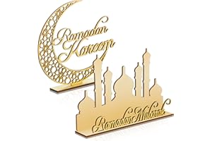 Queekay 2 Pieces Ramadan Wooden Ornaments Eid Mubarak Table Decoration Eid Mubarak Wooden Ornament for Happy Eid Mubarak Ramadan Home Room Table Decoration Craft Art