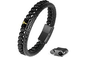 FOCOOG Leather Bracelet for Men with Initial, Genuine Leather Natural Lava Rock Matte Agate Bead Bracelets for Men Stainless Steel Magnetic Clasp Initial Bracelet Anxiety Relief Gifts for Men Dad Husband