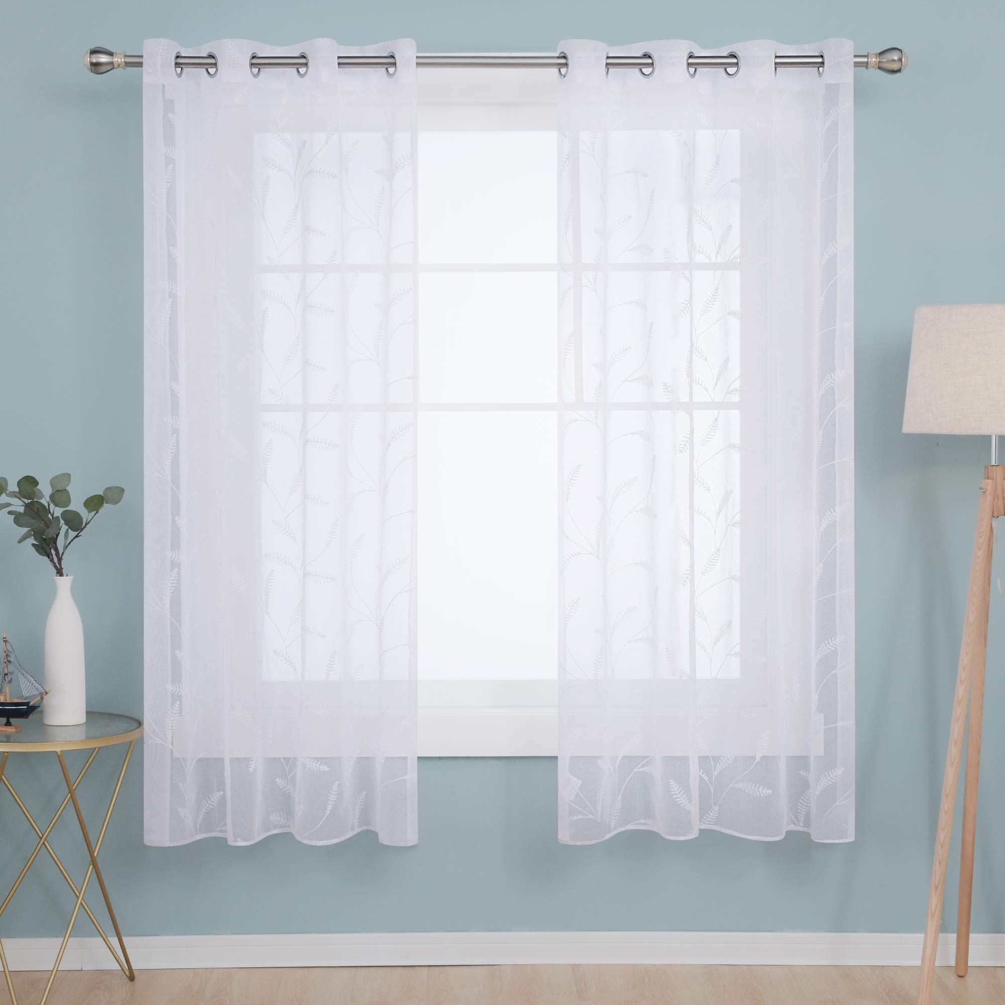 Deconovo Linen Effect Embroidered Voile Curtains Eyelets Sheer Curtains Home Decorative Net Curtains for Bedroom 55 x 110 Inch White One Pair