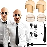 Mepase 8 Pcs Halloween Latex Bald Caps with Head Wig Caps Sunglasses Tie and Bow Tie for Adults Men Halloween Party Cosplay(Classic Style)