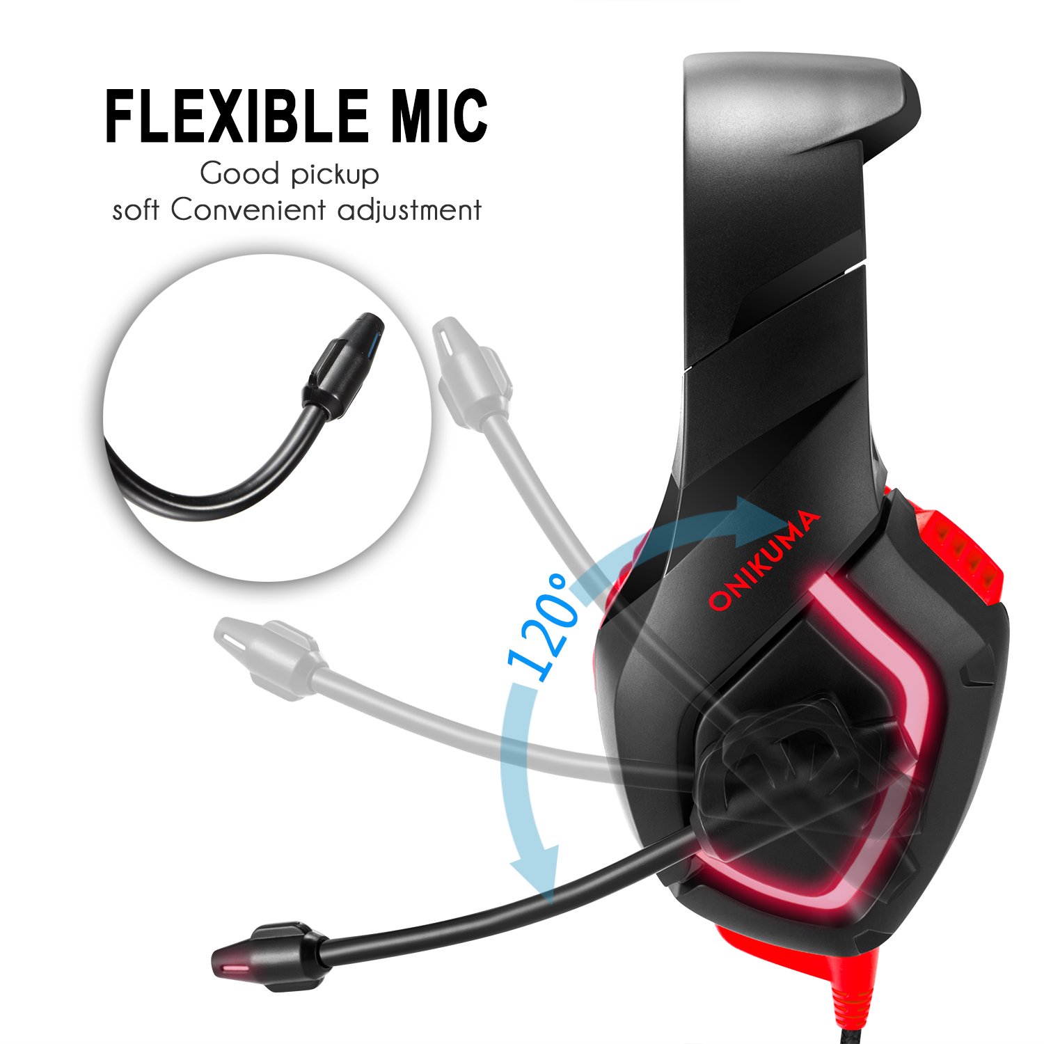 PC Gaming Headset, ONIKUMA USB Gaming Kopfhörer mit einstellbarem Mikrofon LED Leuchten Lautstärkeregelung für PS4 Xbox One S Laptop Handy (inkl.3,5 mm Klinkenstecker)|Rot