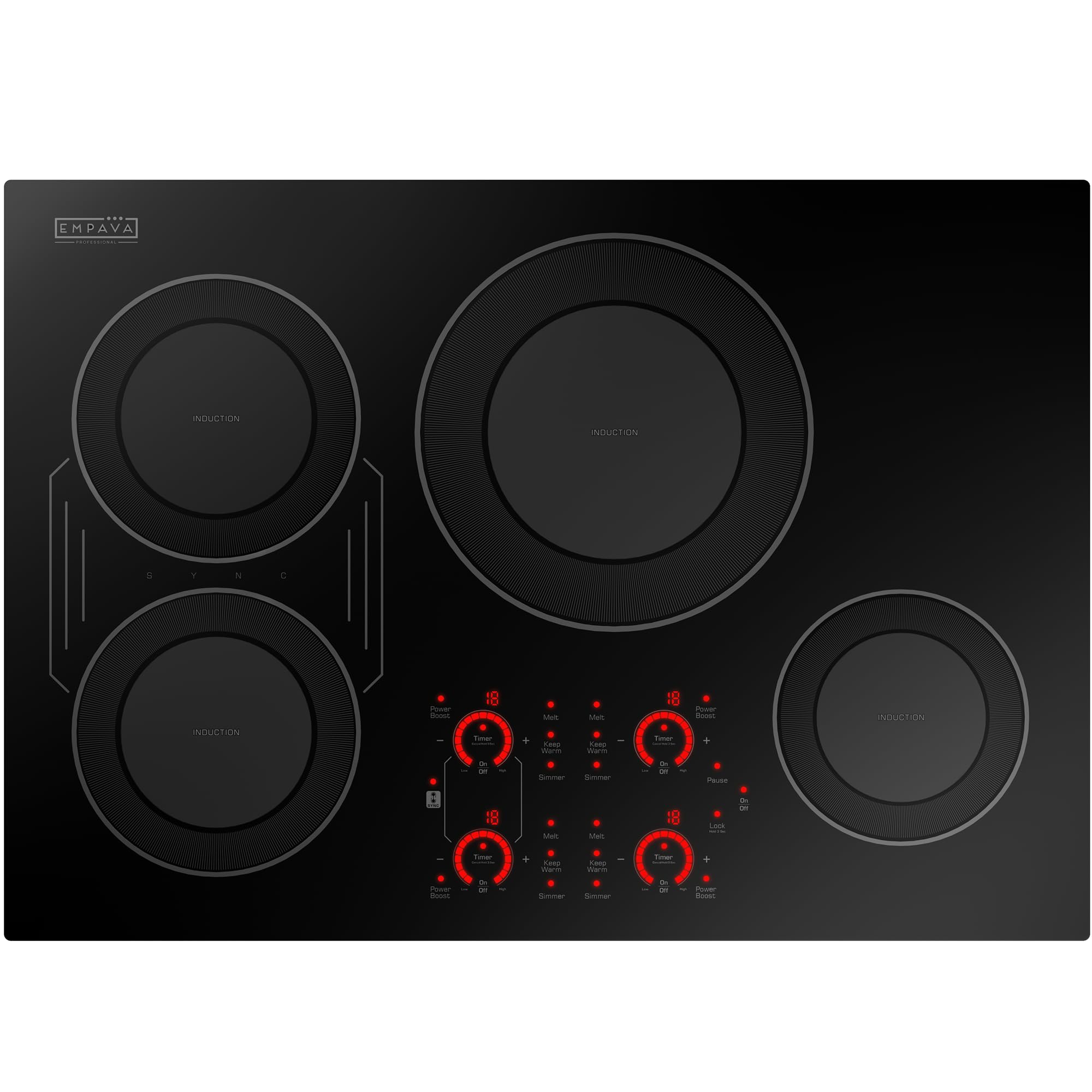 Empava 30 Inch Built-in Induction Cooktop 4 Burner, Bridge-SYNC, Auto RapidHeat 3 Preset Modes, Pan Sensor, Hardwired 208~240V, 40A, Black Vitro Ceramic Glass