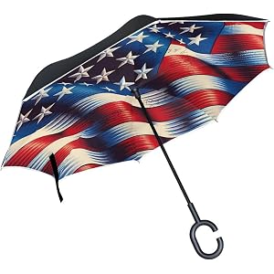 WELLDAY Stars and Stripes Inverted Umbrella, 49 Inch Double Layer Reverse Windproof Umbrella with C-shape Handle, Large Upsid