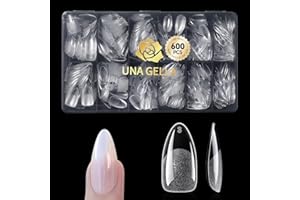 UNA GELLA Almond Gel Nail Tips 600 Pcs Pre Etched Medium Almond Shaped Nails Full Cover Press On Nails 12 Sizes Clear Fake Soft Gel Tips for Flat & Curved Nail Bed Extension Home DIY Salon