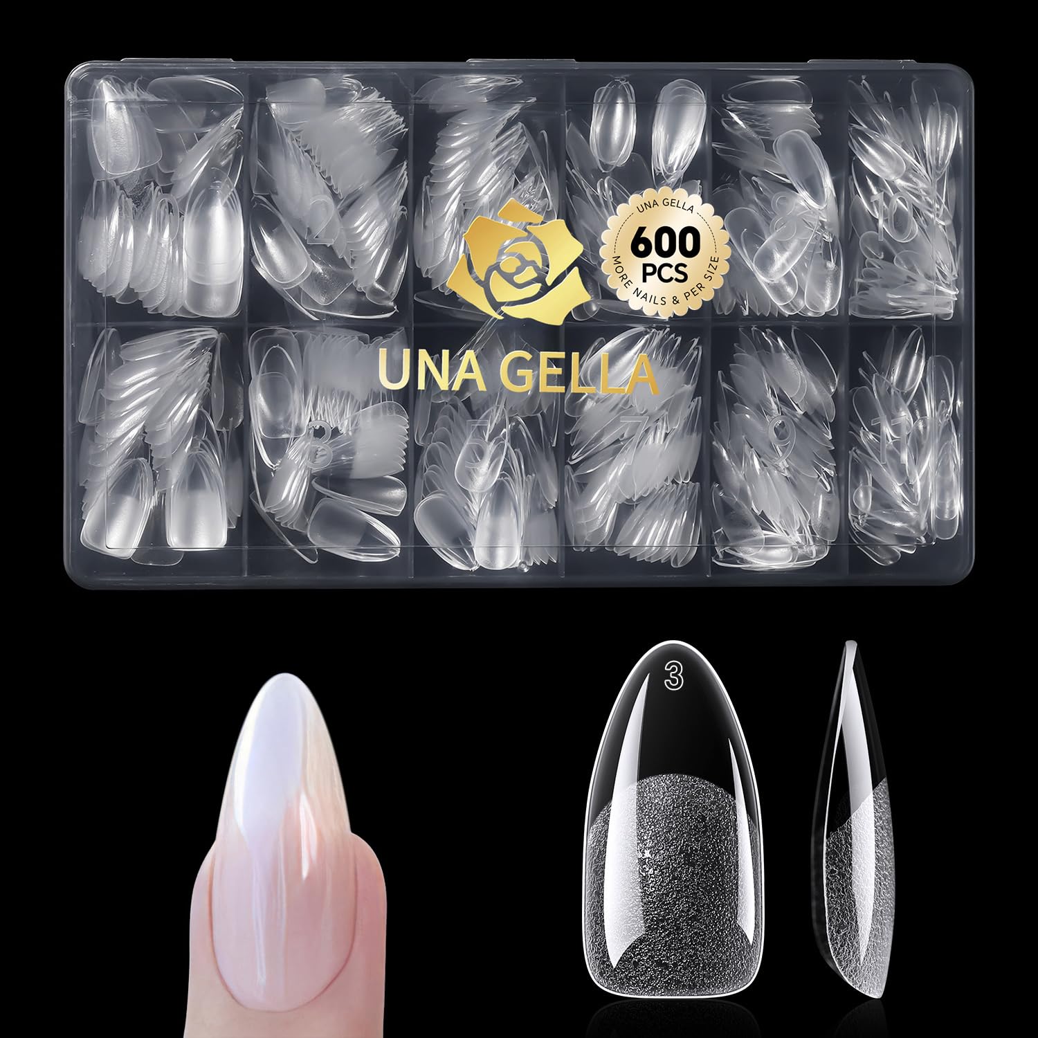 Photo 1 of UNA GELLA Almond Gel Nail Tips 600 Pcs Pre Etched Medium Almond Shaped Nails Full Cover Press On Nails 12 Sizes Clear Fake Soft Gel Tips for Flat & Curved Nail Bed Extension Home DIY Salon