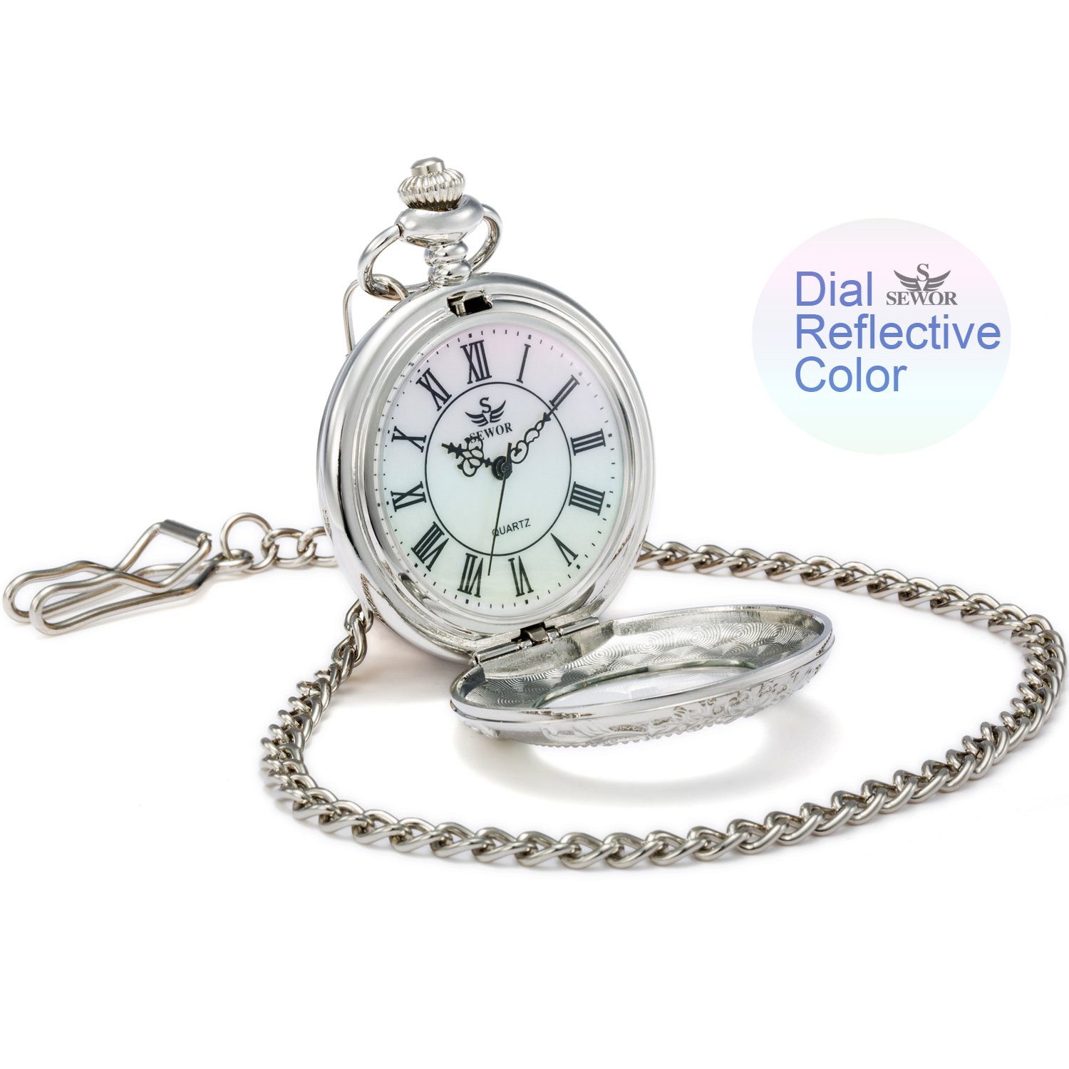 SEWOR Quartz Pocket Watch Shell Dial Magnifier Case With Two Type Chain (Leather+Metal) (Sliver)