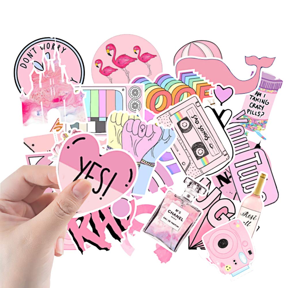 Girls Stickers for Water Bottles, 53 Pack Pink Hydro Flask Stickers Cute Trendy Laptop Stickers Waterproof Cellphone Skateboard Luggage Stickers for Teen Kids