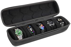 Feelorna Watch Box, 5 Slots Watch Case Organizer for Men Women, Fashion Zipper Watches Storage Case Jewelry Box (Black)