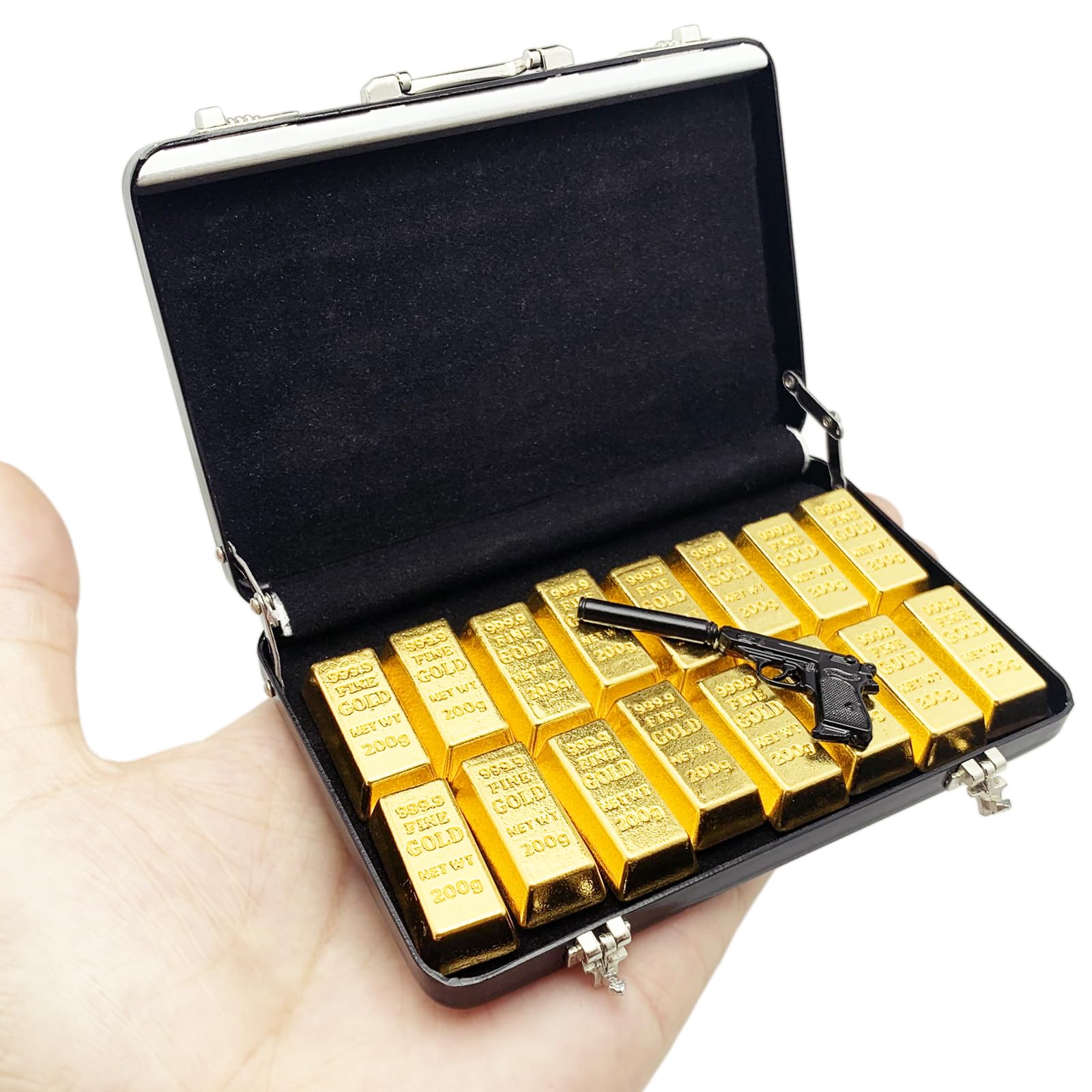 Photo 1 of ***** MISSING THE GOLD BARS AND GUN***** PRETTYLIFE 18pcs Miniature Golden Briefcase Set - 16 Fake Gold Bars and 1 Mini Suitcase for 1:6 Mini Dollhouse Micro Scene Themed Party Decoration